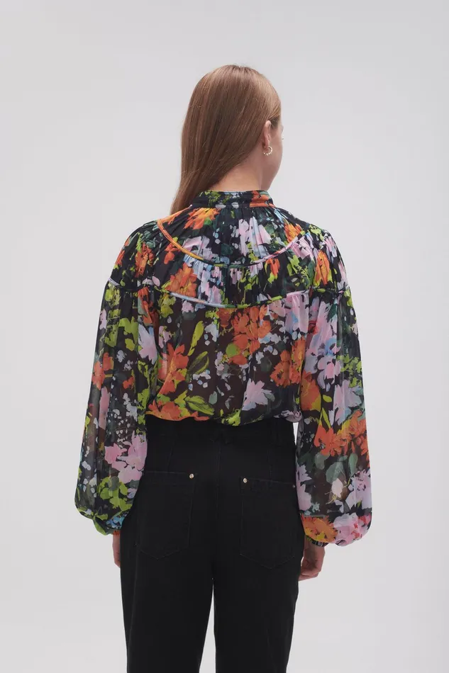 Aje Nellie Ruched Swing Blouse Midnight Floral Women Tops
