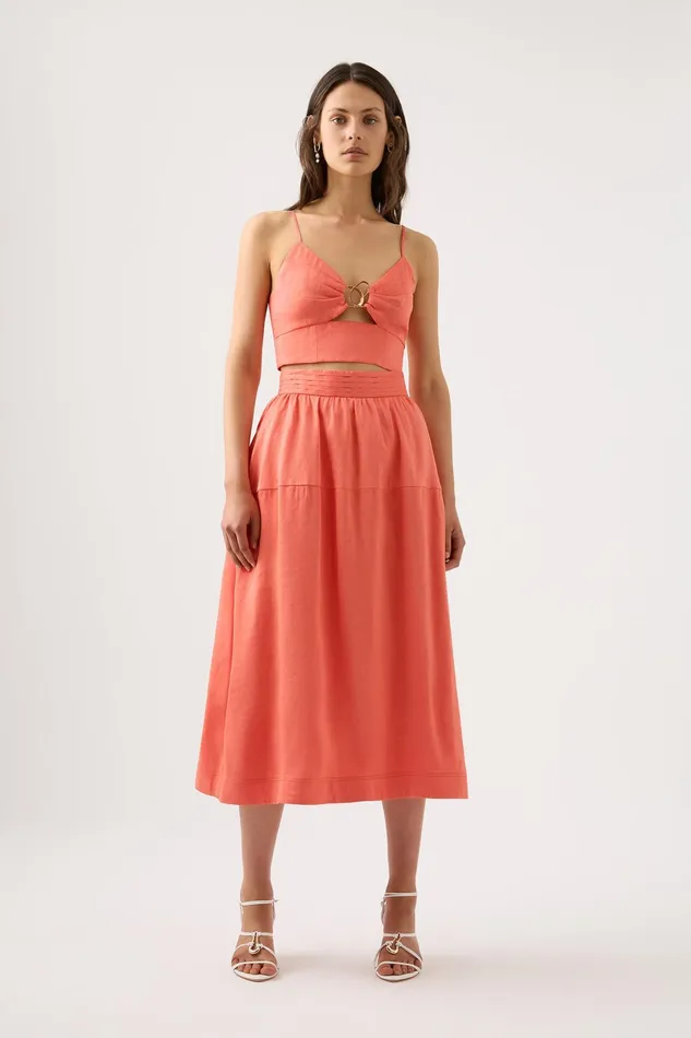 Aje Shelly Flare Tuck Midi Skirt Coral Women Skirts
