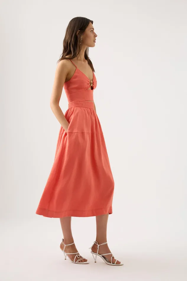 Aje Shelly Flare Tuck Midi Skirt Coral Women Skirts