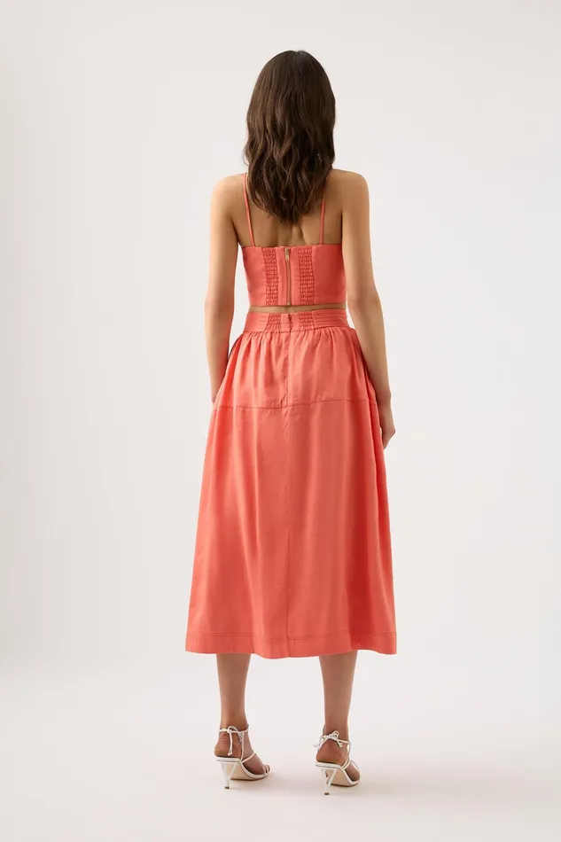 Aje Shelly Flare Tuck Midi Skirt Coral Women Skirts