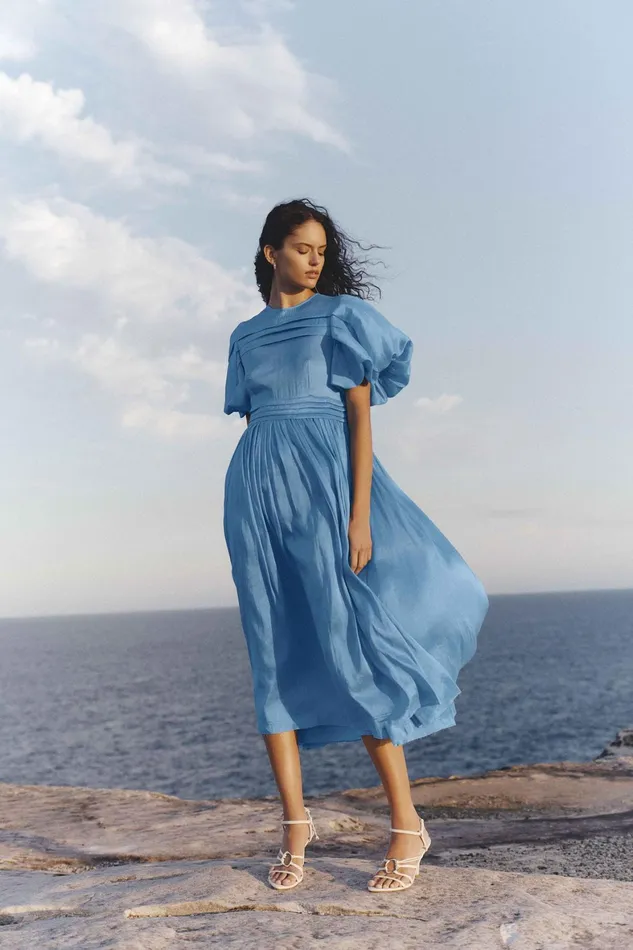 Aje Sylvia Pintuck Midi Dress Azure Blue Women Dresses