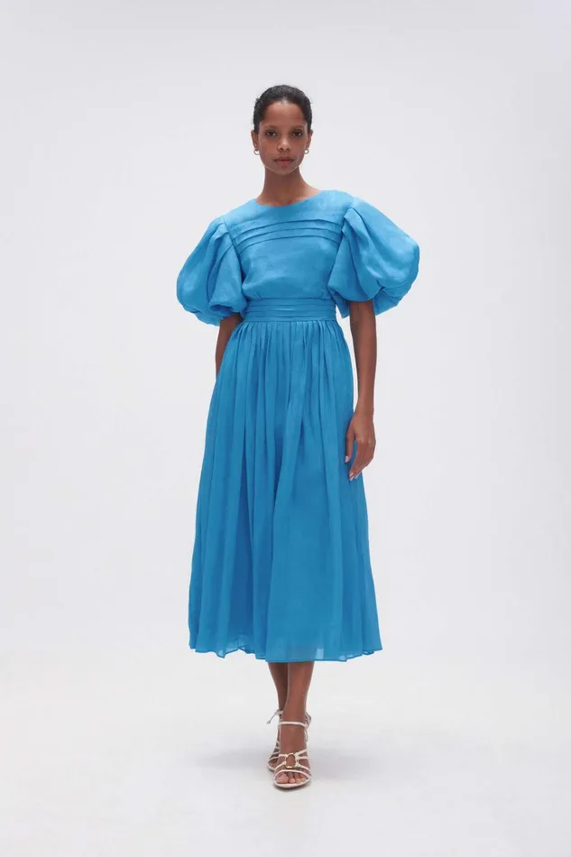 Aje Sylvia Pintuck Midi Dress Azure Blue Women Dresses