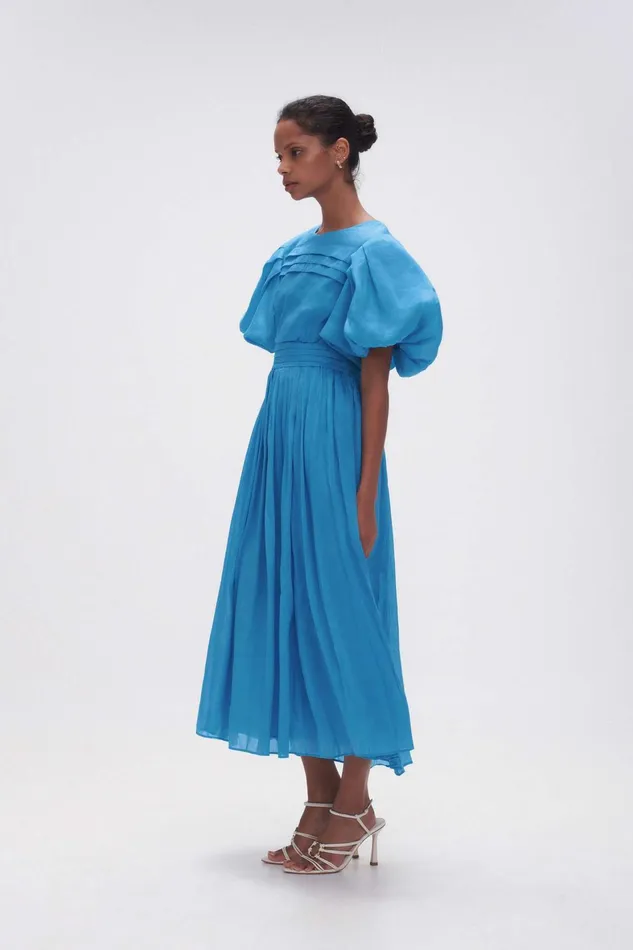 Aje Sylvia Pintuck Midi Dress Azure Blue Women Dresses