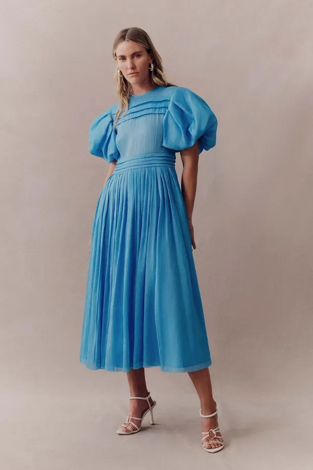 Aje Sylvia Pintuck Midi Dress Azure Blue Women Dresses
