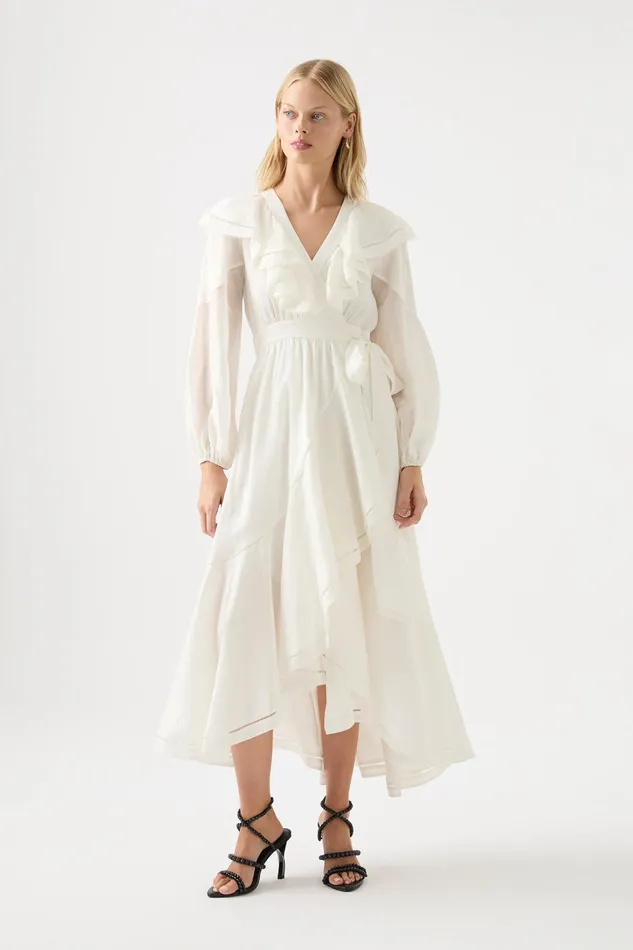 Aje Zoe Ruffle Wrap Midi Dress Ivory Women Dresses