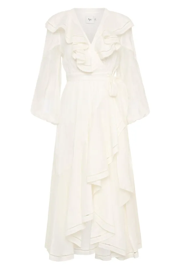 Aje Zoe Ruffle Wrap Midi Dress Ivory Women Dresses