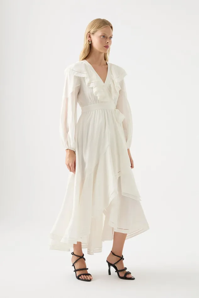Aje Zoe Ruffle Wrap Midi Dress Ivory Women Dresses
