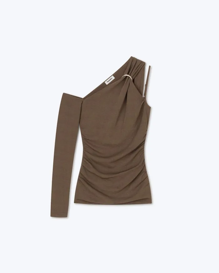 Aleza Sale Asymmetric Sleeve Top Dark Moss Women Nanushka Tops