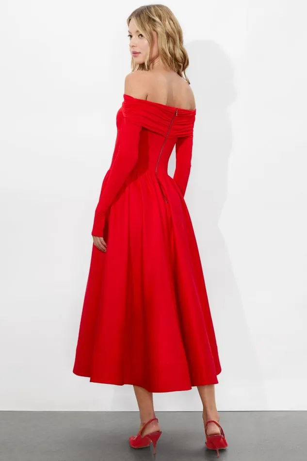 Alice Olivia Chara Flared Midi Dress Bright Ruby Women Dresses