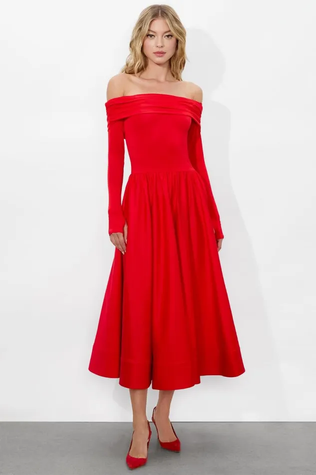Alice Olivia Chara Flared Midi Dress Bright Ruby Women Dresses