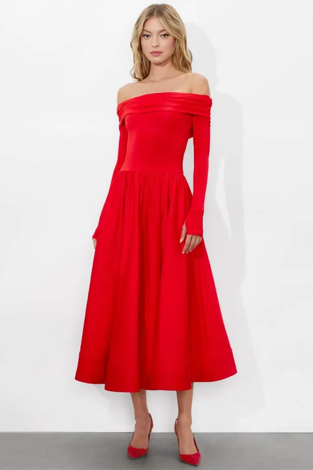 Alice Olivia Chara Flared Midi Dress Bright Ruby Women Dresses