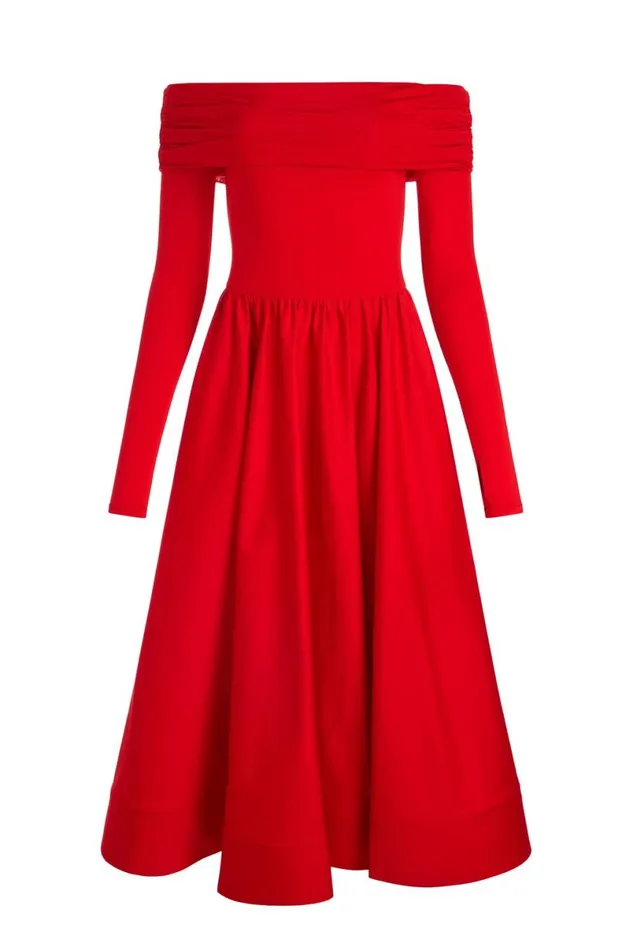 Alice Olivia Chara Flared Midi Dress Bright Ruby Women Dresses