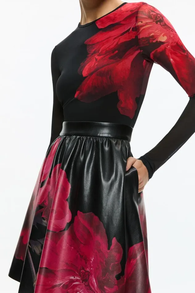 Alice Olivia Chara Vegan Mini Dress Peony Petals Bright Ruby Women Dresses