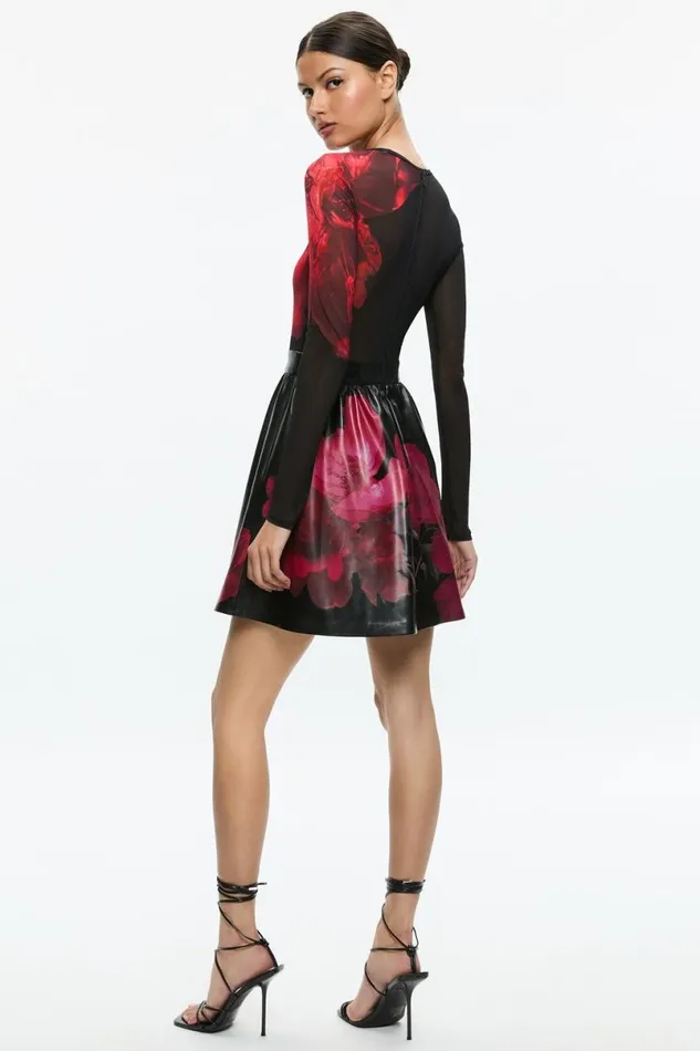 Alice Olivia Chara Vegan Mini Dress Peony Petals Bright Ruby Women Dresses