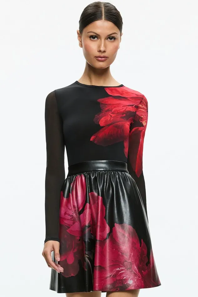 Alice Olivia Chara Vegan Mini Dress Peony Petals Bright Ruby Women Dresses