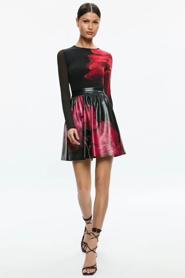 Alice Olivia Chara Vegan Mini Dress Peony Petals Bright Ruby Women Dresses