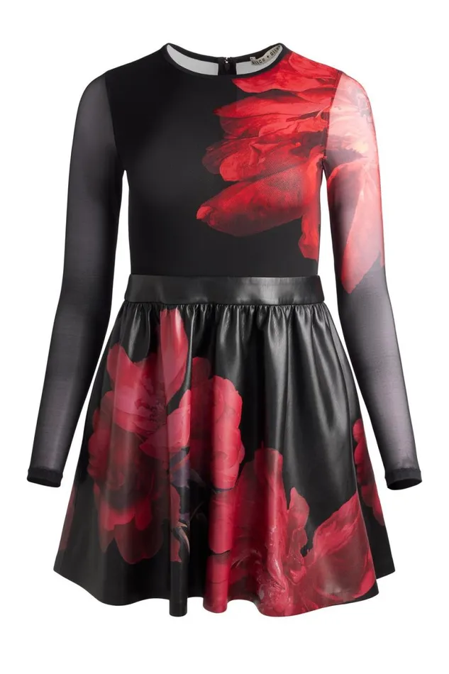 Alice Olivia Chara Vegan Mini Dress Peony Petals Bright Ruby Women Dresses