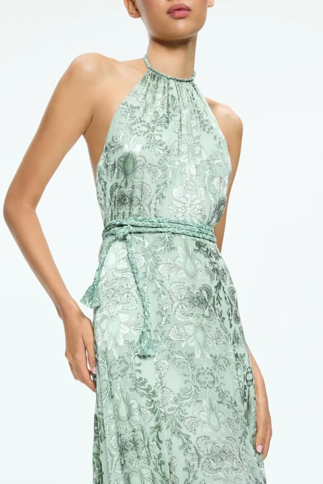 Alice Olivia Danika Halter Maxi Dress With Belt Vanity Pistachio Women Dresses