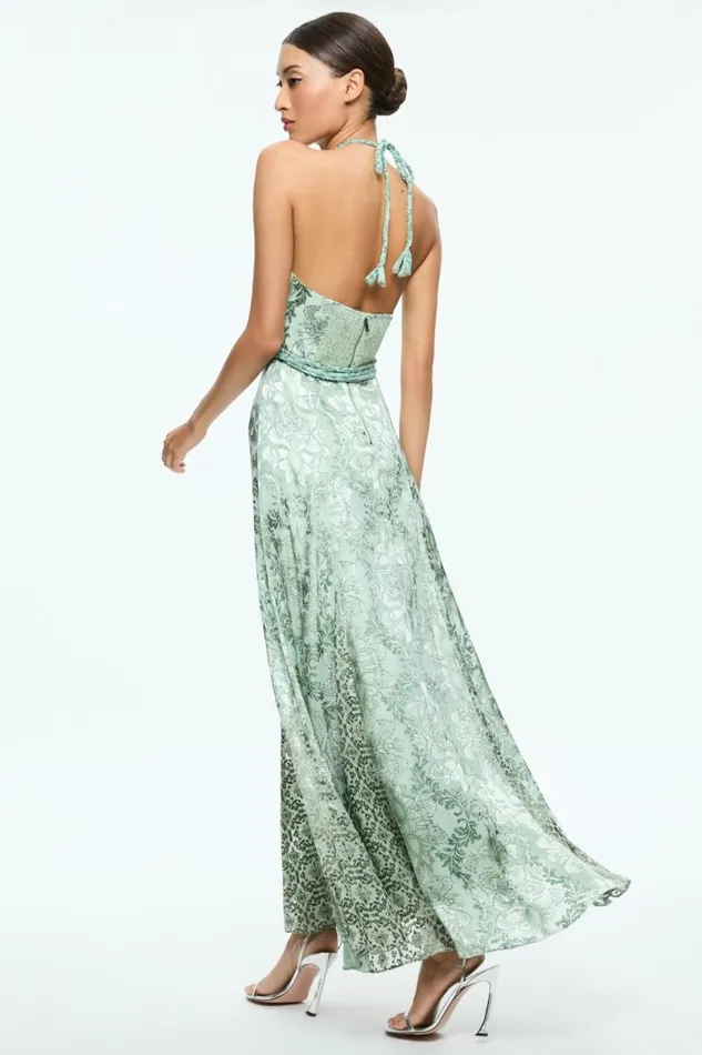 Alice Olivia Danika Halter Maxi Dress With Belt Vanity Pistachio Women Dresses