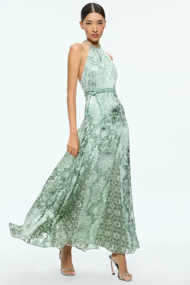 Alice Olivia Danika Halter Maxi Dress With Belt Vanity Pistachio Women Dresses