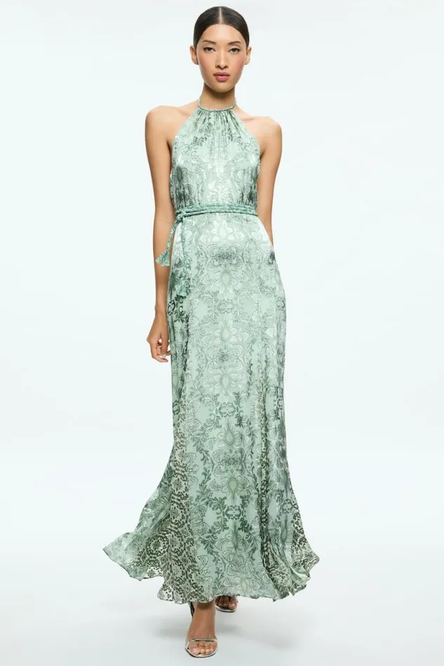 Alice Olivia Danika Halter Maxi Dress With Belt Vanity Pistachio Women Dresses