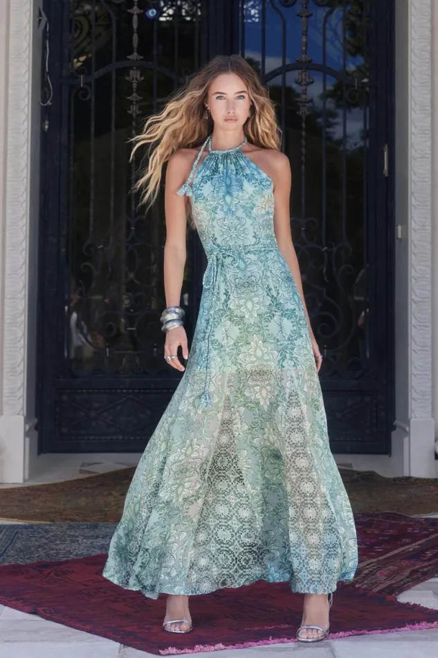Alice Olivia Danika Halter Maxi Dress With Belt Vanity Pistachio Women Dresses