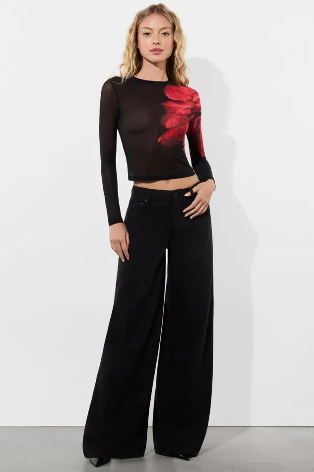 Alice Olivia Delaina Mesh Top Peony Petals Bright Ruby Women Tops