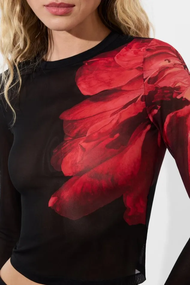 Alice Olivia Delaina Mesh Top Peony Petals Bright Ruby Women Tops