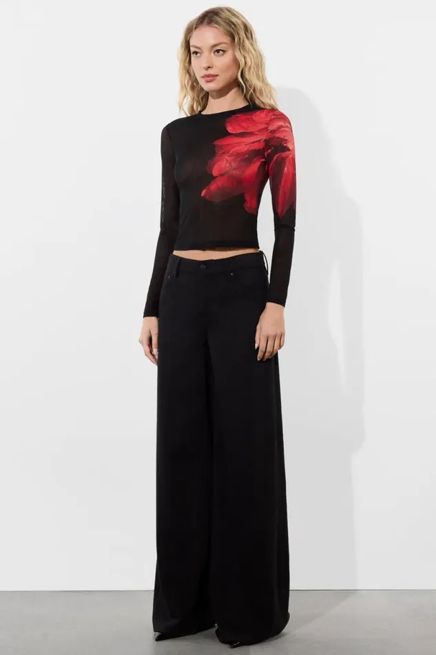 Alice Olivia Delaina Mesh Top Peony Petals Bright Ruby Women Tops