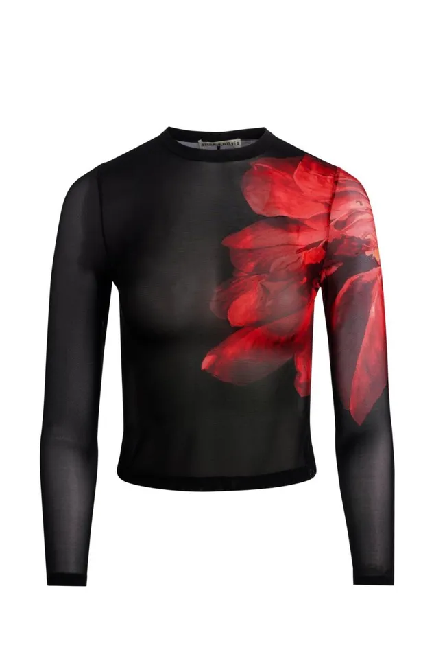 Alice Olivia Delaina Mesh Top Peony Petals Bright Ruby Women Tops