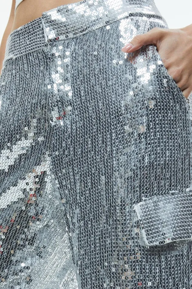 Alice Olivia Hayes Sequined Wide Leg Cargo Pants Silver Women Pants