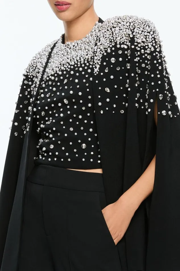 Alice Olivia Kiesha Embellished Cape Blacksilver Women Outerwear