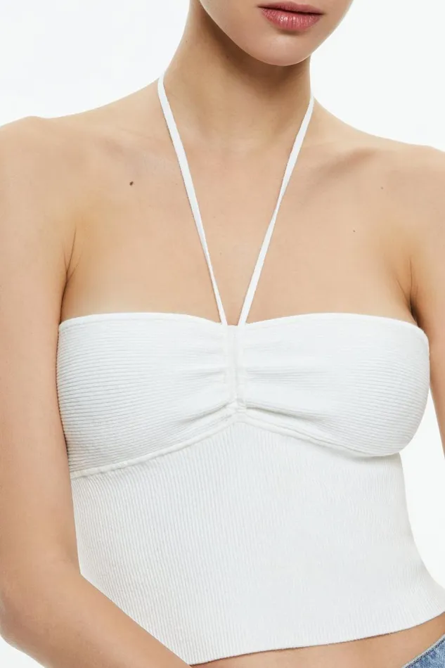 Alice Olivia Linnie Ruched Halter Soft White Women Tops