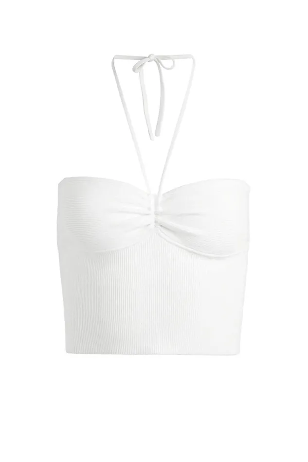 Alice Olivia Linnie Ruched Halter Soft White Women Tops
