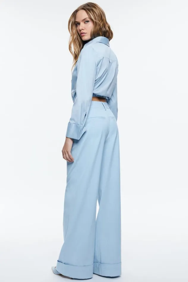 Alice Olivia Lucile Cropped Pleated Blouse Mineral Blue Women Tops