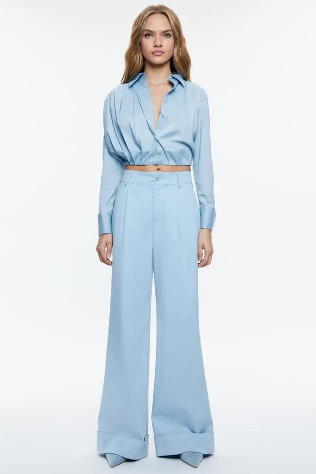 Alice Olivia Lucile Cropped Pleated Blouse Mineral Blue Women Tops