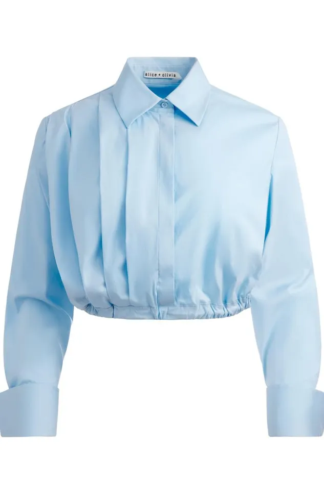 Alice Olivia Lucile Cropped Pleated Blouse Mineral Blue Women Tops