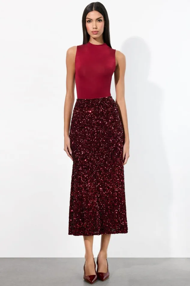 Alice Olivia Maeve Sequin Slip Skirt Garnet Women Skirts