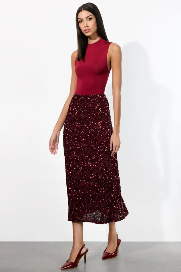 Alice Olivia Maeve Sequin Slip Skirt Garnet Women Skirts