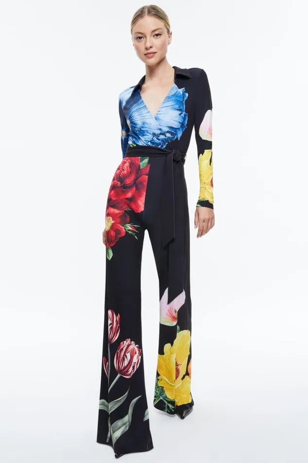 Alice Olivia Melinda Wide Leg Wrap Jumpsuit Le Parisien Black Women Jumpsuits