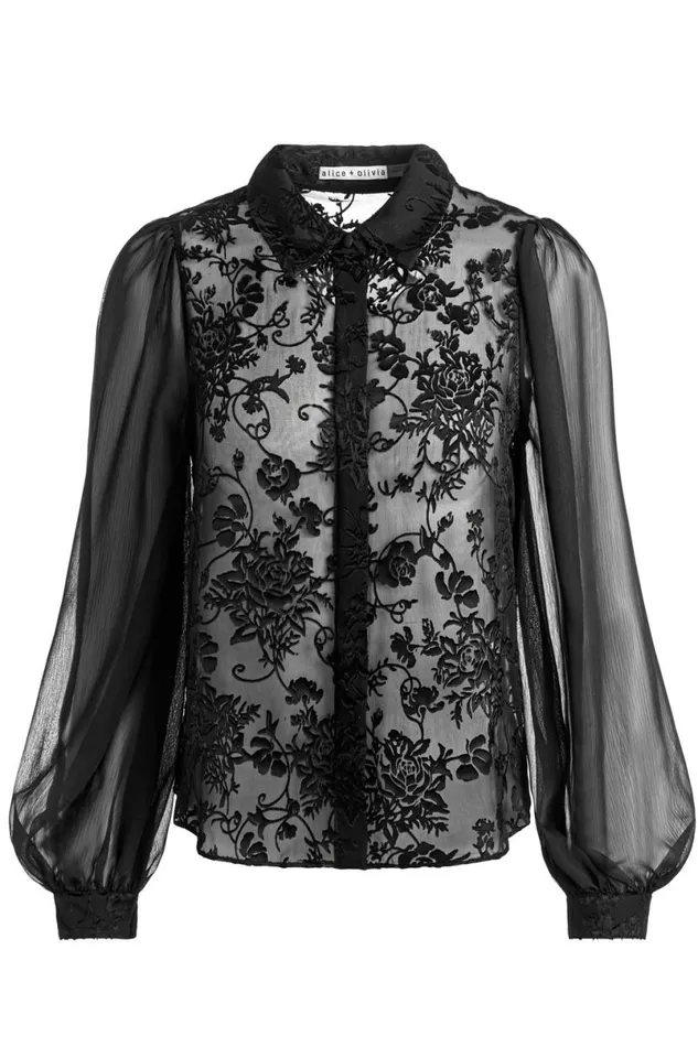 Alice Olivia Roanne Button Down Gardenia Black Women Tops