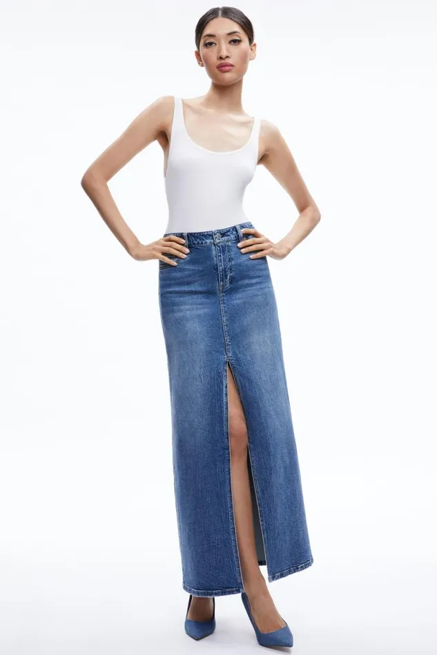 Alice Olivia Rye Denim Maxi Skirt Brooklyn Blue Women Skirts