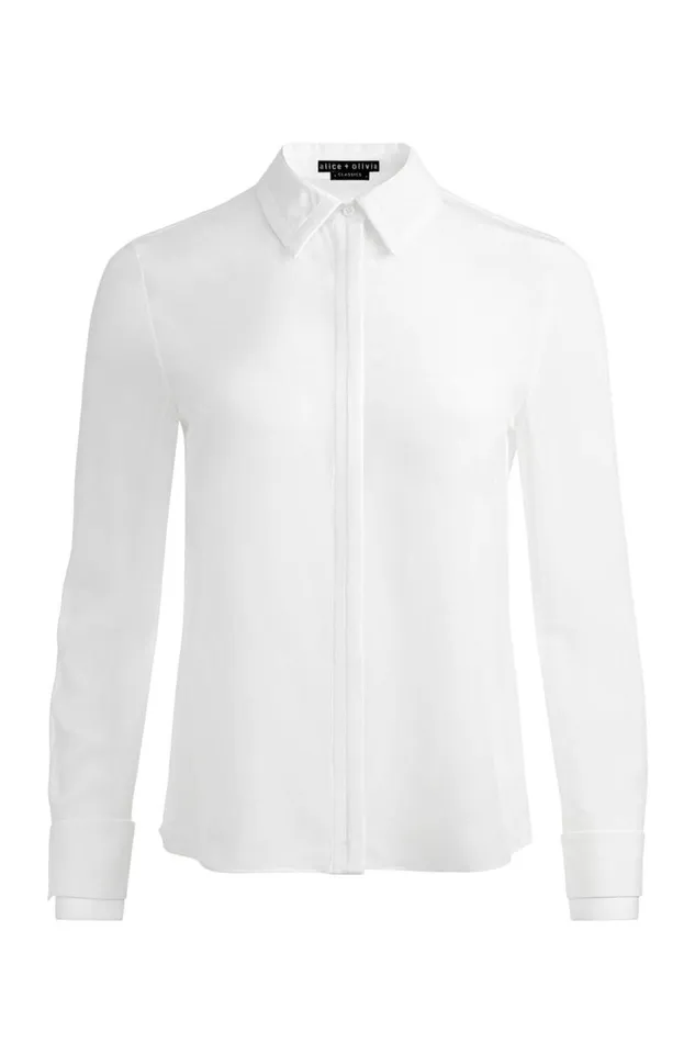 Alice Olivia Willa Relaxed Placket Top With Piping Detail Off White Women Tops