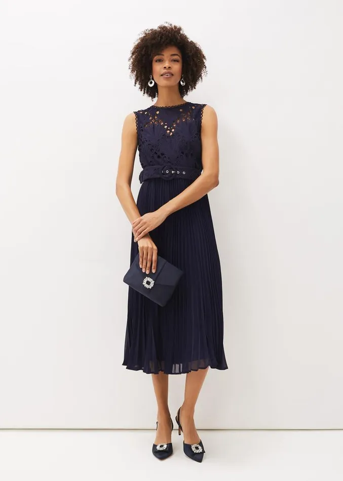 Amora Lace Bodice Pleated Dress Navy Women Phase Eight Dresses