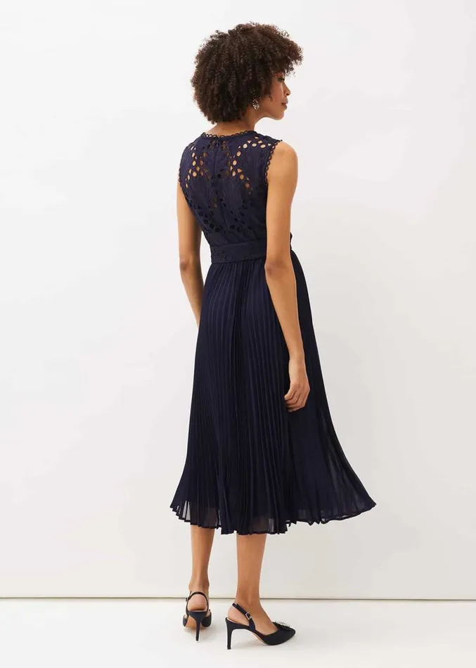 Amora Lace Bodice Pleated Dress Navy Women Phase Eight Dresses