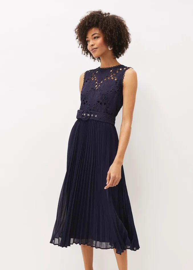 Amora Lace Bodice Pleated Dress Navy Women Phase Eight Dresses