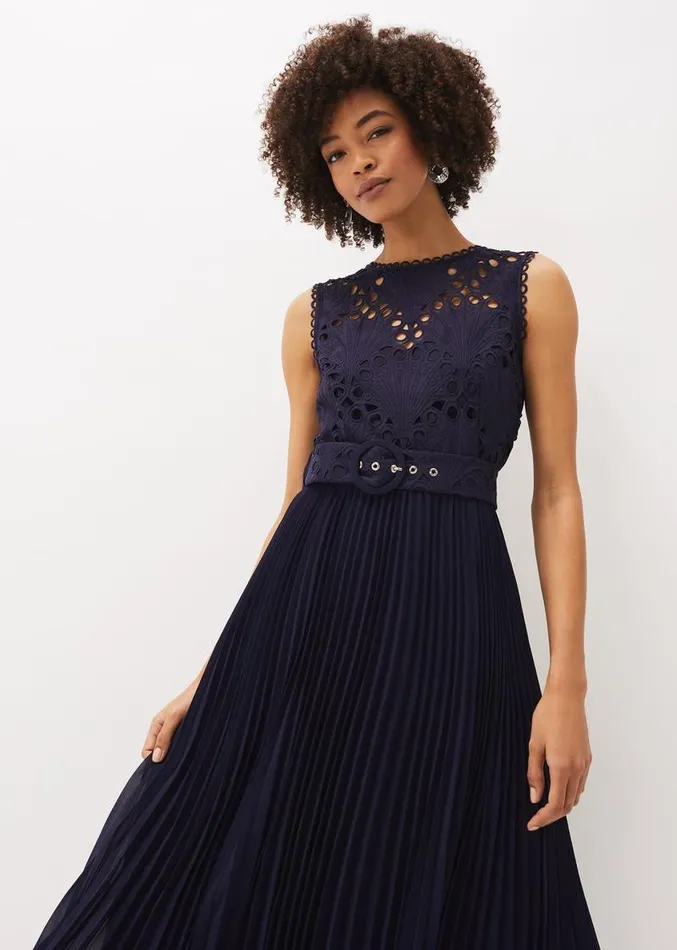 Amora Lace Bodice Pleated Dress Navy Women Phase Eight Dresses