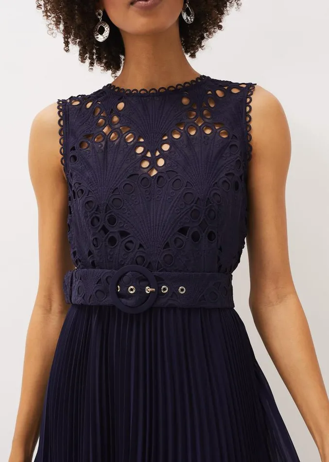 Amora Lace Bodice Pleated Dress Navy Women Phase Eight Dresses