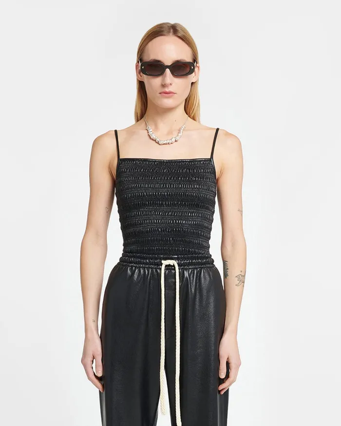 Arenda Smocked Okobor AltLeather Top Black Women Nanushka Tops