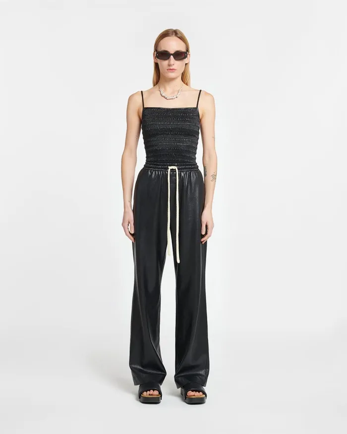 Arenda Smocked Okobor AltLeather Top Black Women Nanushka Tops
